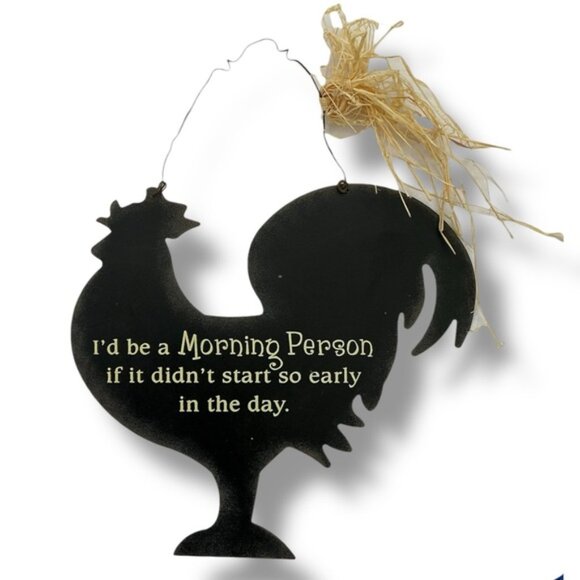 Metal Rooster Hanging Metal Wall Sign Morning Saying Primitive Farmhouse Black - Picture 6 of 14